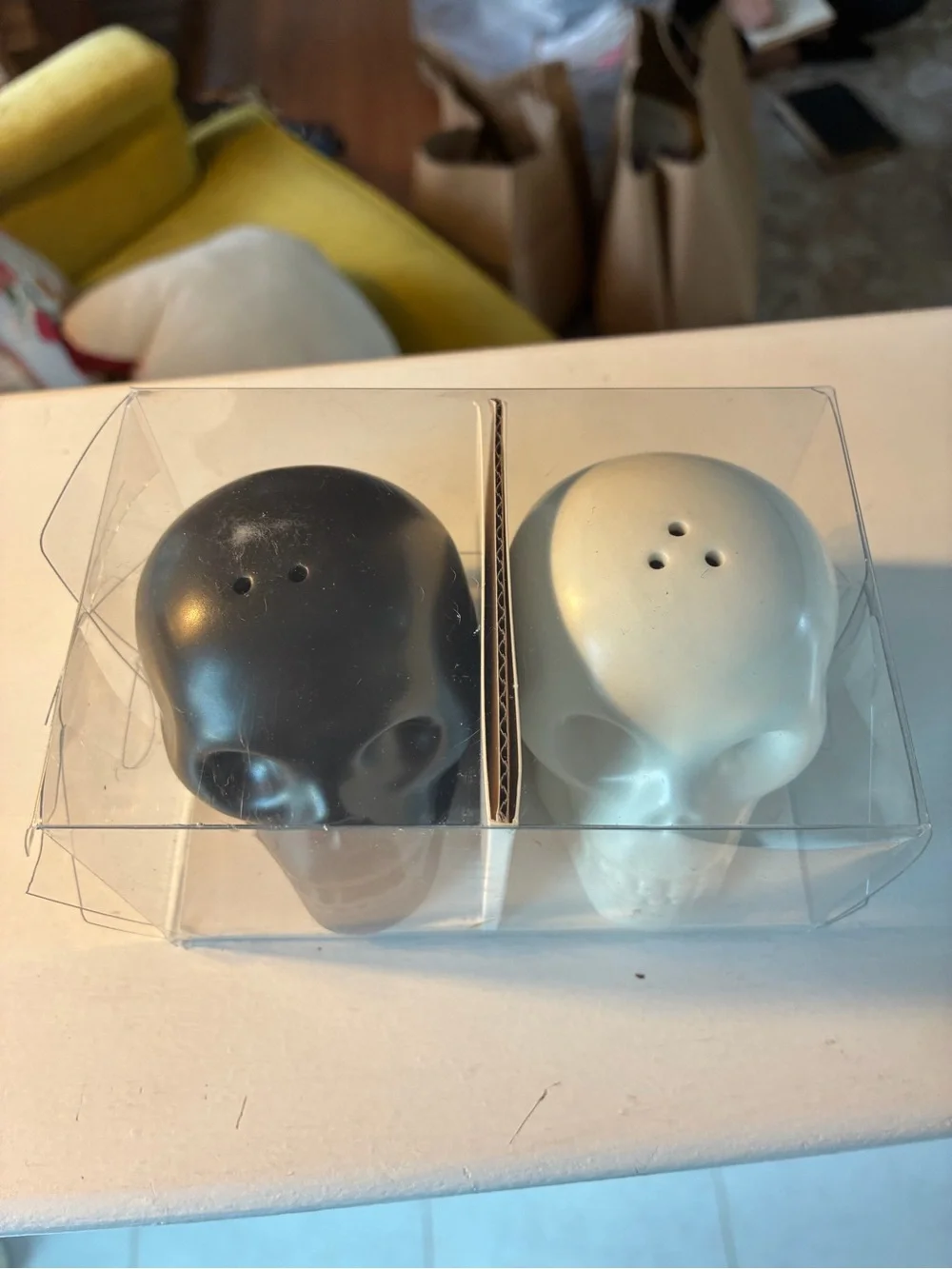 New in Box Gothic Ceramic Skull Salt and Pepper Shaker Set.